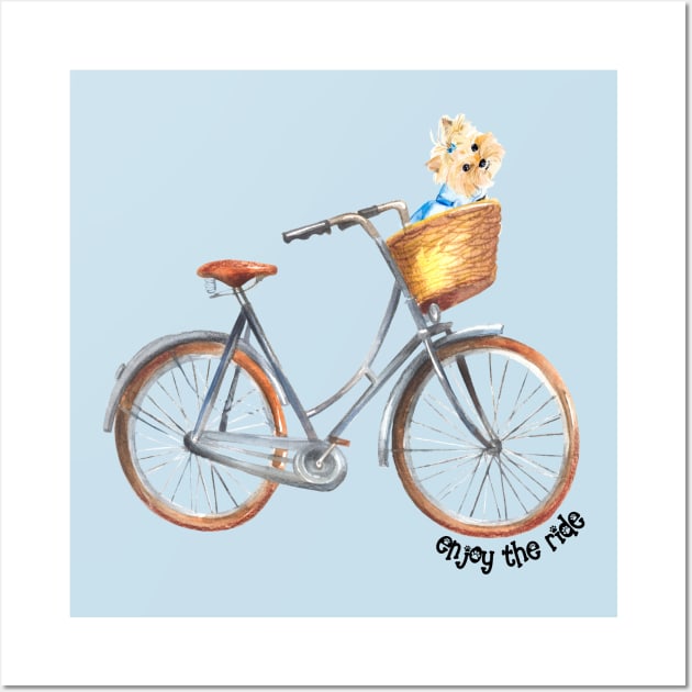 Cute Yorkshire Terrier Yorkie in Bicycle Basket Watercolor Wall Art by AdrianaHolmesArt